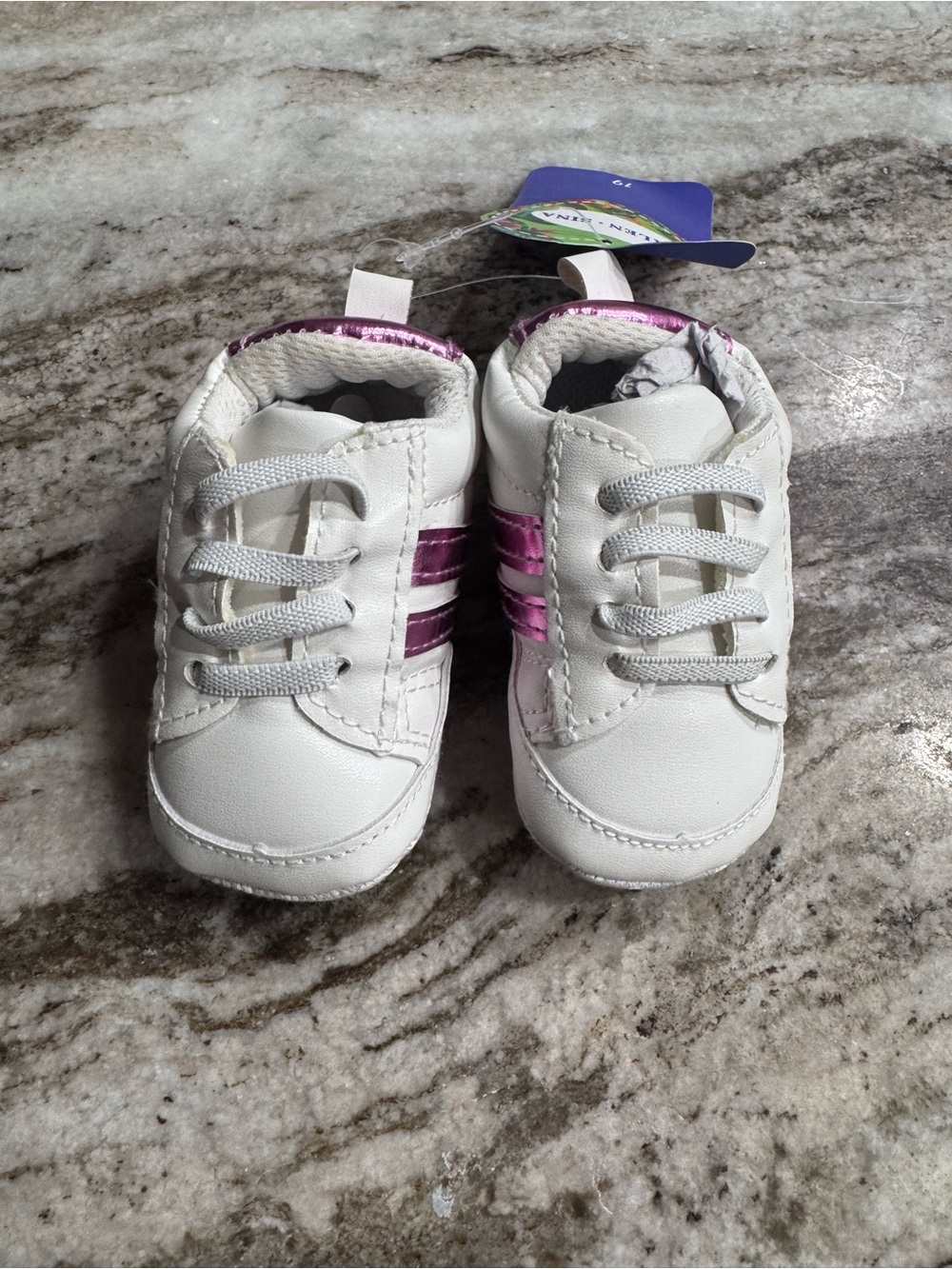Baby White Sneakers with Metallic Pink Stripes - Infant Walker Shoes size 19